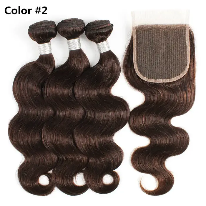 Couleur # 2 # Extensions de cheveux humains brésiliens Remy colorés, brun foncé, 3 lots avec fermetu