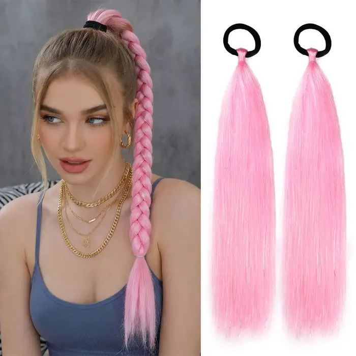 Extensions de cheveux synthétiques en tinsel, 2 pièces/ensemble, avec élastique, tresses Rave rouge/