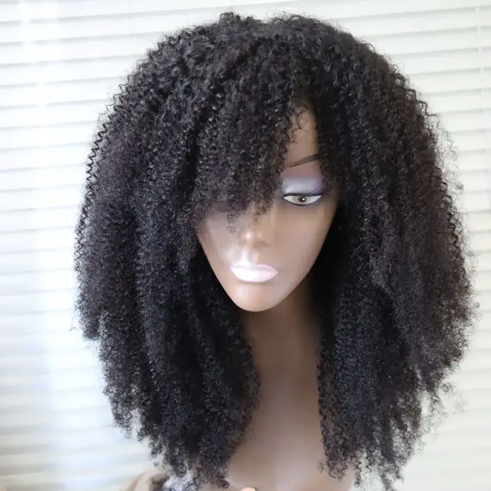 Perruque en cheveux humains vierges brésiliens bouclés afro, fabriquée à la machine, avec frange et 
