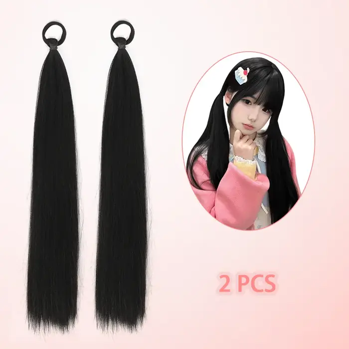 LUPU Lot de 2 extensions de queue de cheval synthétiques noires avec cravate élastique, extensions d