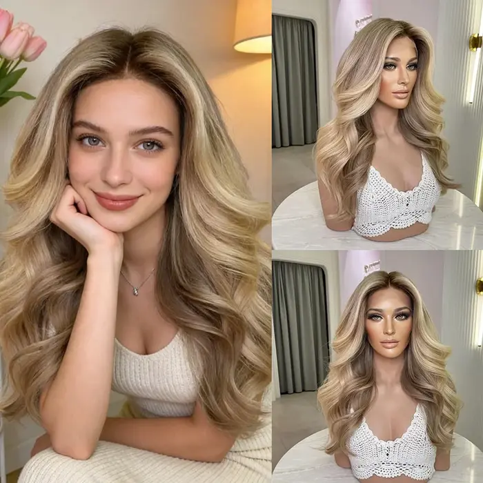 Perruque Lace Front Tendance avec Mèches Blond Miel Doré, Perruques Réalistes pour Femme, Cosplay, U