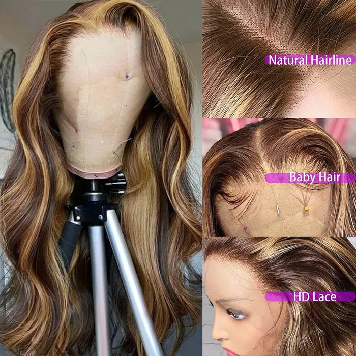 Perruque Body Wave P/427 Blond Miel avec Mèches, Cheveux Humains, Perruques Lace Front 13x4 13x6, Pe