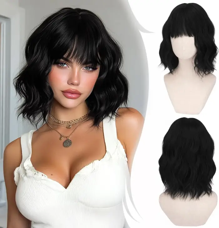 Perruque courte ondulée avec frange pour femme, marron avec mèches, synthétique, naturelle et bouclé