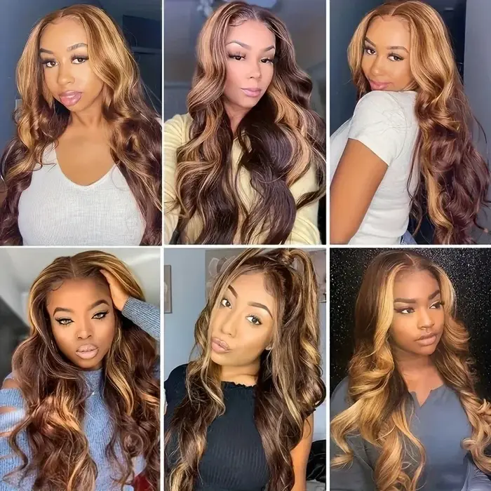 P4/27 mettre en évidence brun vague de corps 13x6 perruque de cheveux humains couleur blond miel 13x