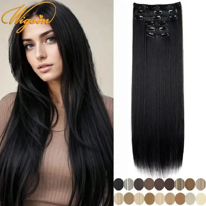 WIGSIN synthétique 6 pièces/ensemble 24 pouces Extensions de cheveux longs raides Clip-in résistant