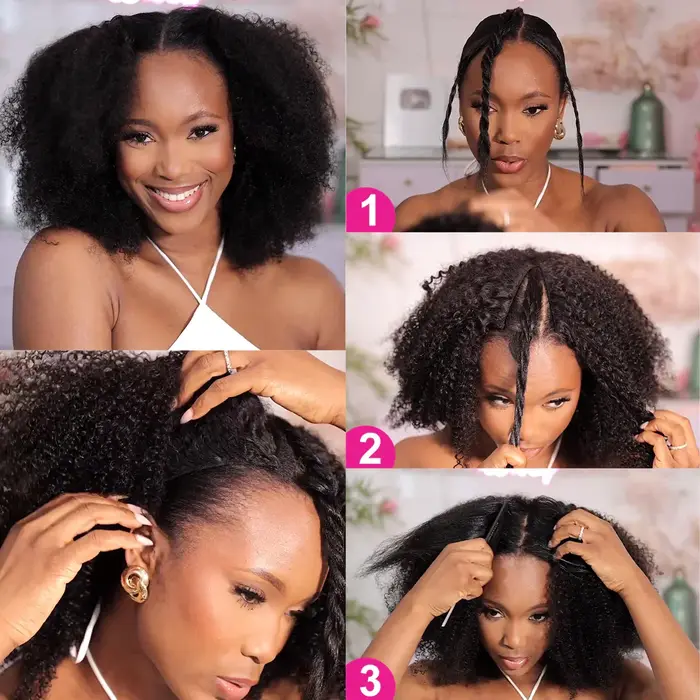 300% crépus bouclés V partie perruques cheveux humains pas de laisser de sortie mise à niveau vague 