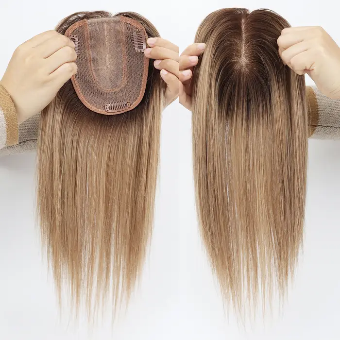 Topper capillaire 14 pouces ombré blond avec base en soie et clips