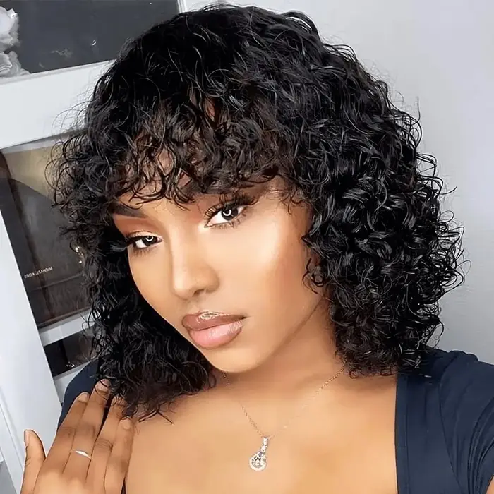 Perruque de cheveux humains crépus bouclés avec frange pour femmes noir 99J bordeaux sans colle courte vague d'eau
