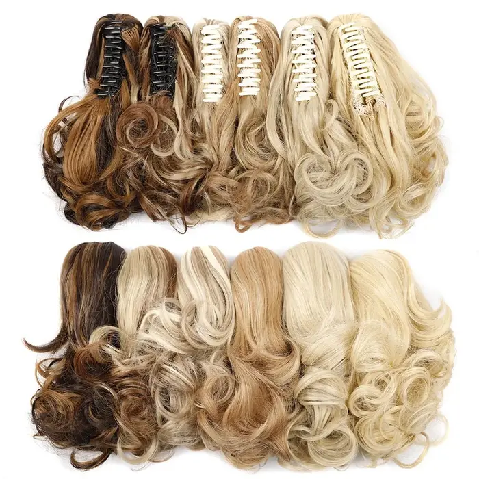 Queue de cheval bouclée courte ondulée synthétique pour femme, extension de cheveux, pince à griffe,