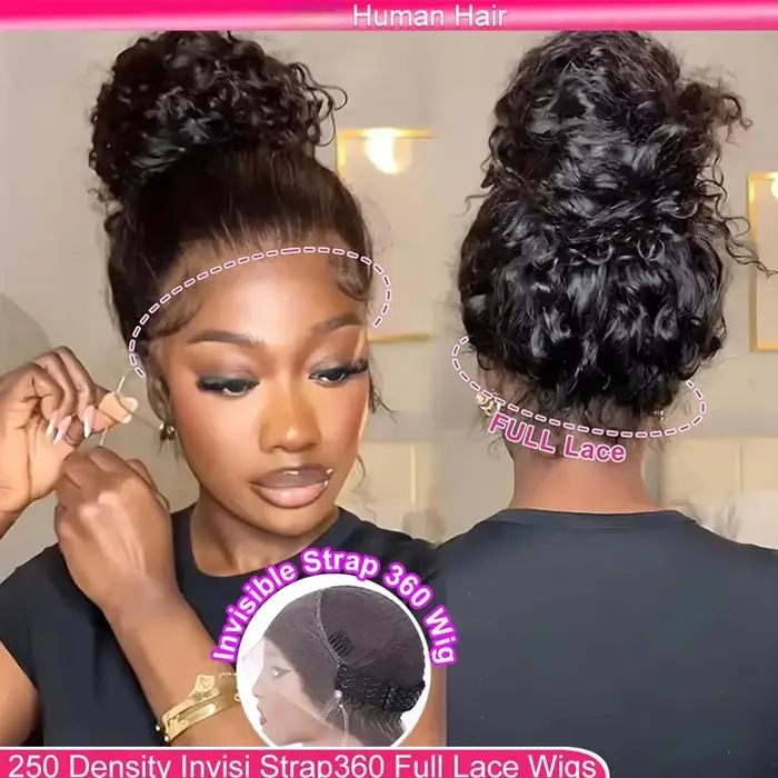 Perruque Lace Frontal Wig 360 naturelle sans colle, cheveux humains, Deep Wave, avec cordon caché, a