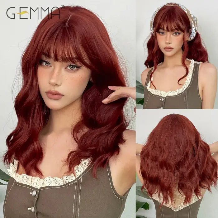 GEMMA – perruque synthétique bouclée mi-longue avec frange, cheveux naturels ondulés pour Cosplay, e