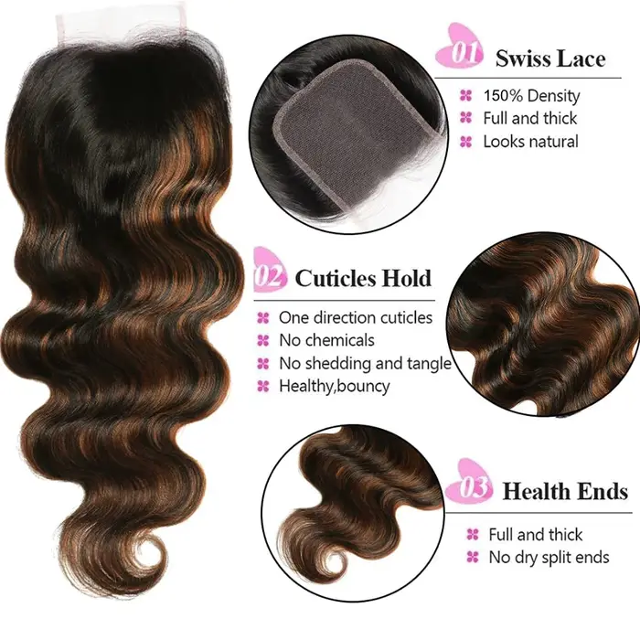 UNice Ombre Brown Highlights Body Wave 4x4 Lace Closure 1PC 100% Cheveux Humains Closure Free Part