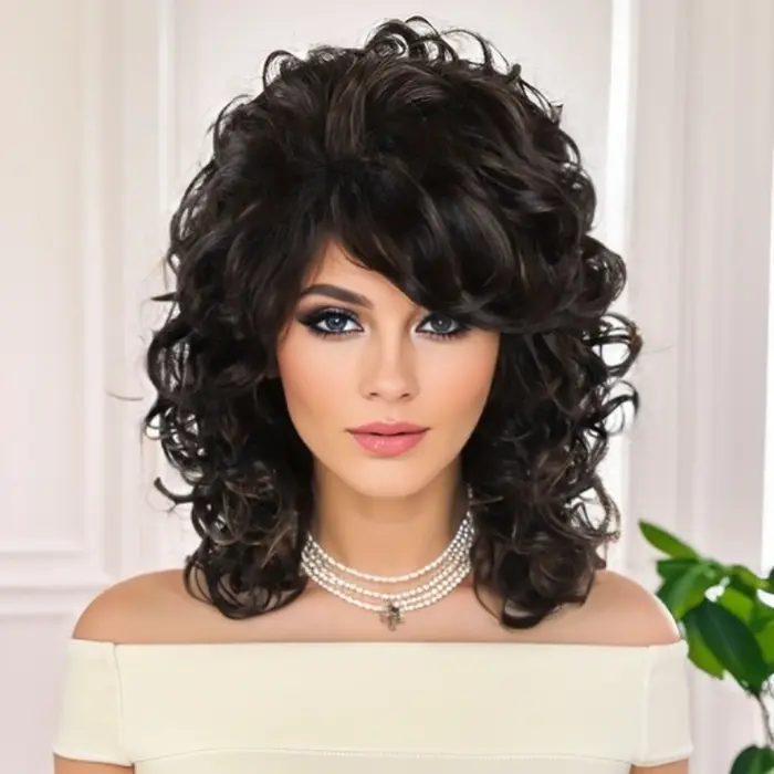 Perruque synthétique brune bouclée volumineuse avec frange pour femme