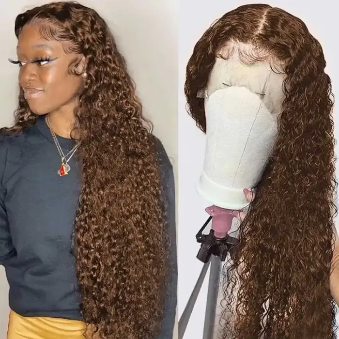 Perruque Deep Wave Lace Front Wig Remy naturelle, cheveux bouclés, brun chocolat, 13x6 HD, 13x4, 180