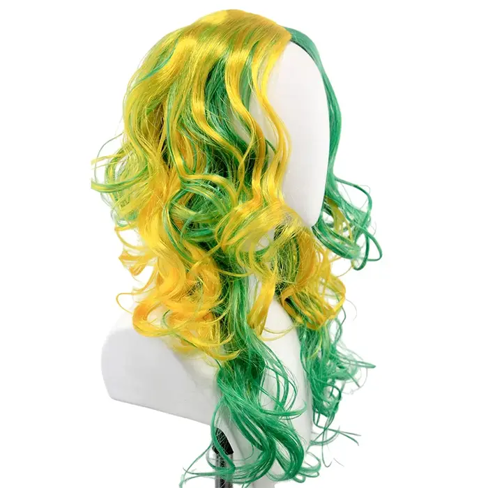 Perruque synthétique longue ondulée ombrée vert-jaune