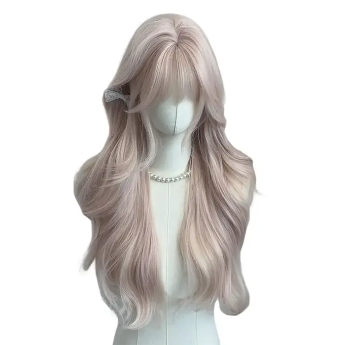 Perruque synthétique très bouclée rose gris féminin avec une bangs