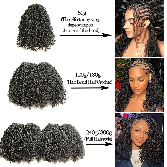 Extensions de cheveux humains bouclés birmans au crochet, sans nœuds, pré-séparées, noir naturel, te