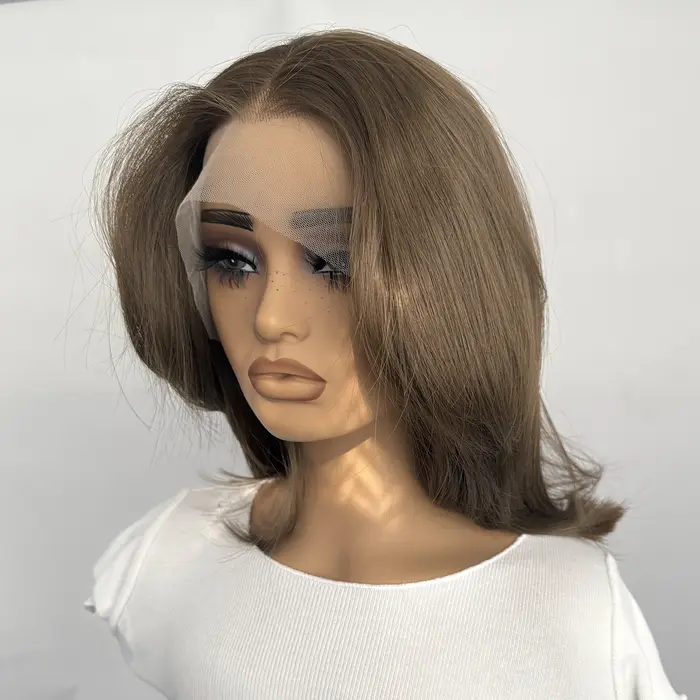 Perruque Bob Lace Front Wig synthétique courte et lisse, coupe superposée, 13x4, naissance des cheveux naturelle, usage quotidien, pour femmes