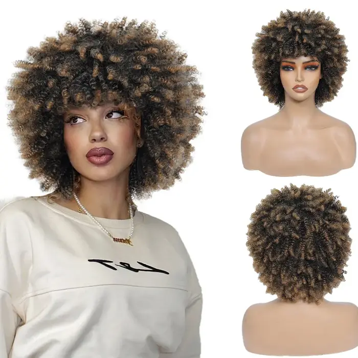 Perruques Afro crépues bouclées avec frange, cheveux synthétiques, perruque Afro courte et moelleuse