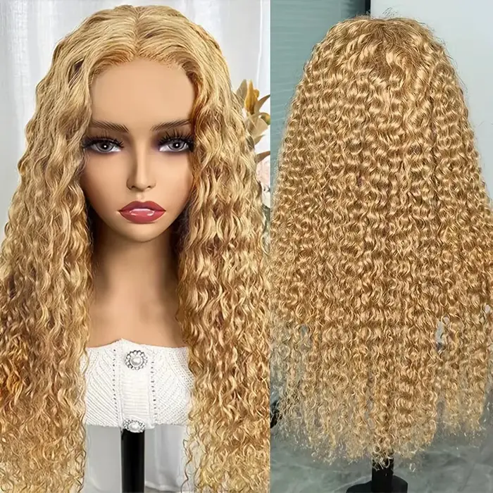 27 # Perruque Blonde miel cheveux humains 13x6 cheveux humains bouclés dentelle frontale perruque