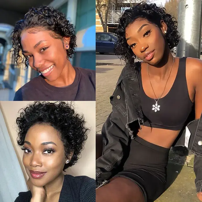 Perruque Pixie Cut Courte Bouclée en Cheveux Humains