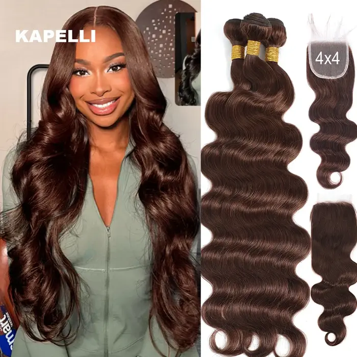 Extensions de Cheveux Humains Ondulés Bruns avec Closure 4x4/13x4