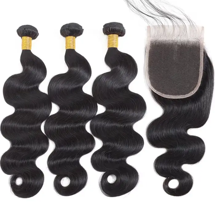 Extensions de Cheveux Humains Brésiliens Ondulés (Body Wave) – 3 Paquets avec Fermeture en Dentelle Transparente 4x4 –