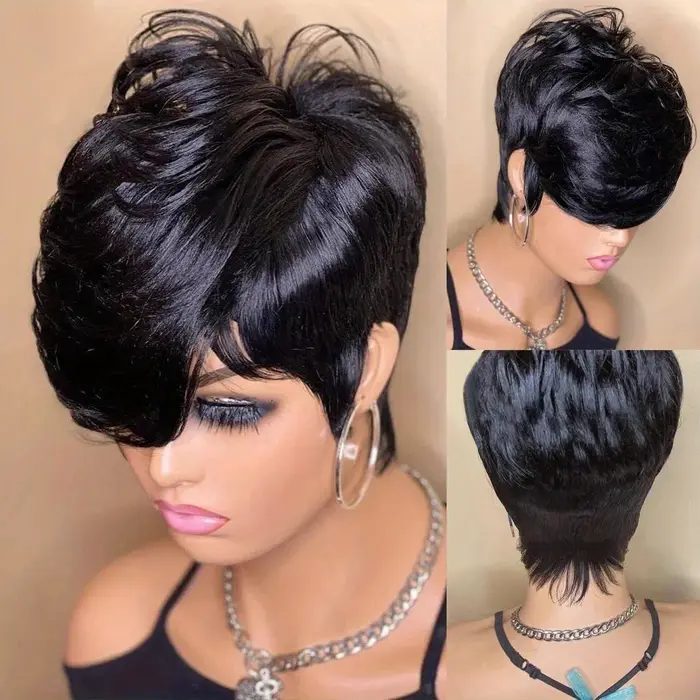 Perruques courtes Bob coupe lutin droite couleur naturelle Bob perruque avec frange brésilienne vierge Remy