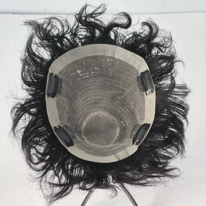 Perruque de cheveux courts bouclés pour hommes, vrais cheveux humains noirs, légers, respirants, à l