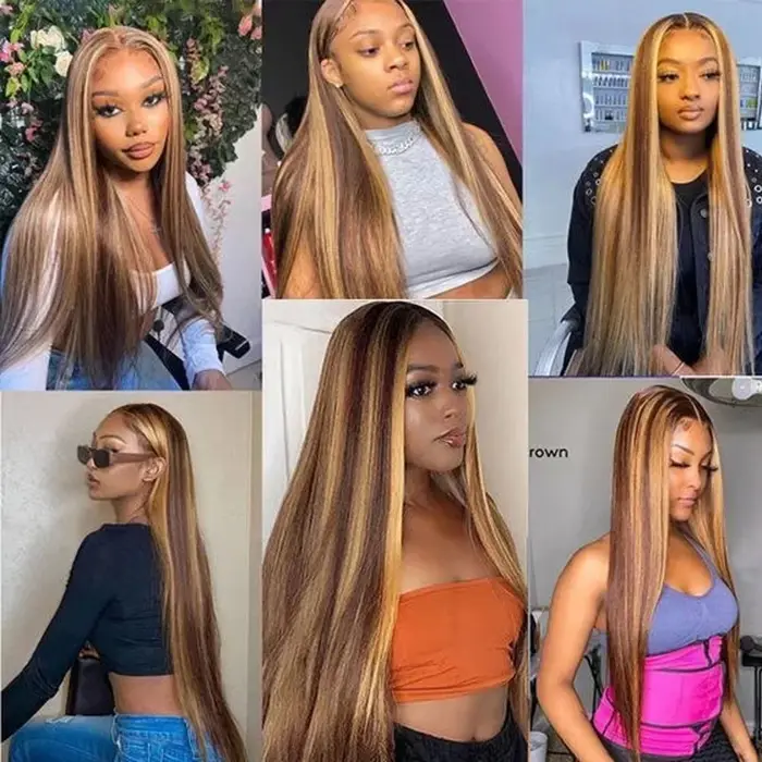 Perruque P4/27 Highlight en Cheveux Humains, Perruque Lace Front 13x6 Ultra Lisse, Perruque Colorée