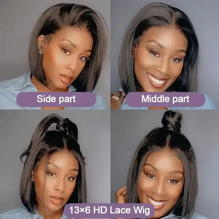 Perruque Lace Front 13x4 Brésilienne Courte Bob Lisse Noir Naturel 8-14 Pouces Sans Colle Douce Épai