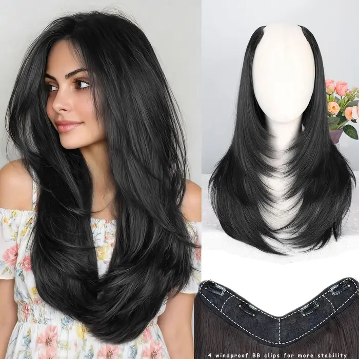 Extensions de cheveux noires à clipser pour femmes, longues, lisses, synthétiques, avec 5 clips, des