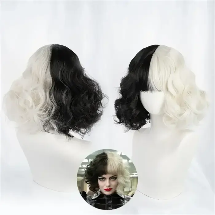 CRUELLA Deville De Vil noir blanc avec frange courte Bob résistant à la chaleur perruque De cheveux Cosplay Halloween