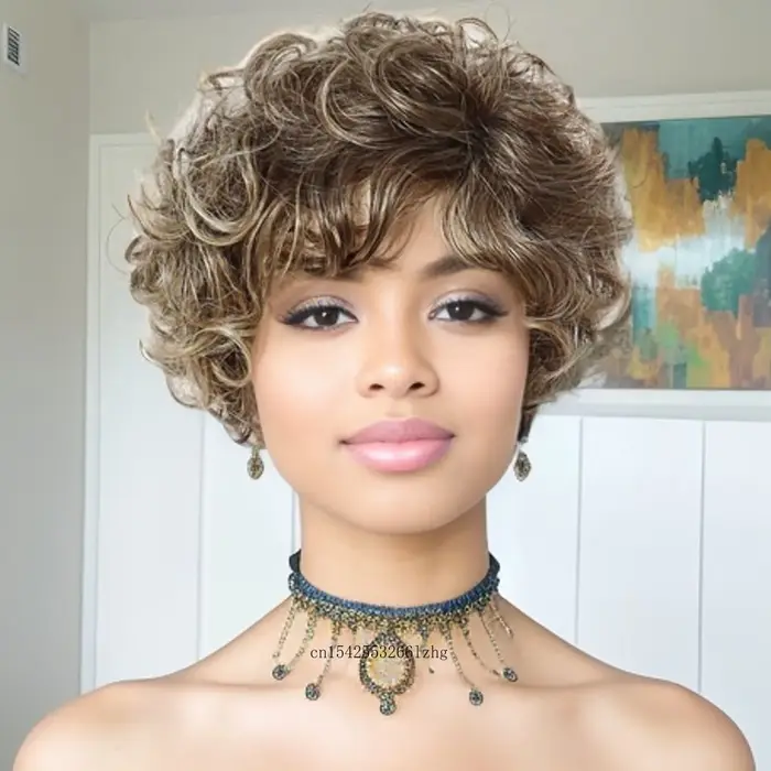 Perruques synthétiques pour femmes cheveux courts bouclés mélange perruque blonde avec frange coiffure naturelle maman