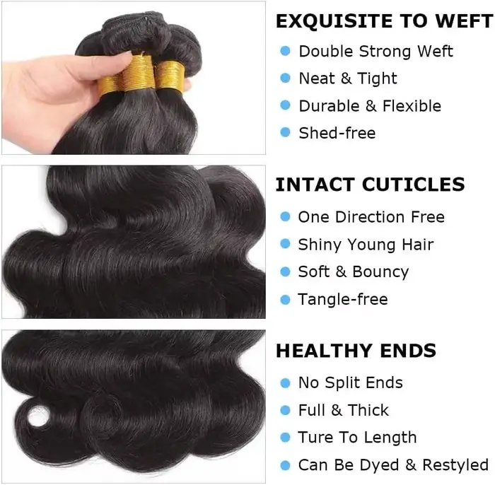 Extensions de Cheveux Humains Brésiliens Ondulés (Body Wave) – 3 Paquets avec Fermeture en Dentelle Transparente 4x4 –