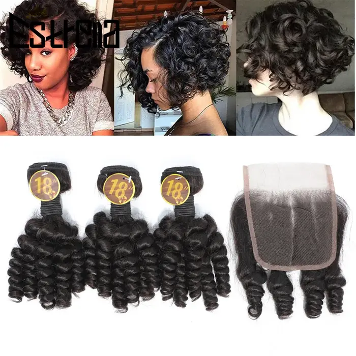 Mèches Brésiliennes Naturelles Bouclées avec Closure, Cheveux Humains, Rebondissants, 4x4, 3 Lots