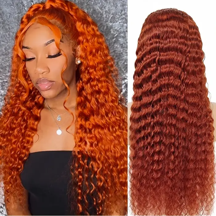 Perruques Lace Front HD Deep Wave en Cheveux Humains de 30 Pouces 13x6/13X4, Perruque Bouclée Orange