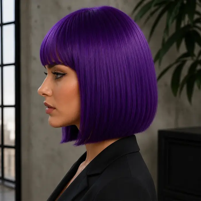 Perruque synthétique violette foncée de 12 pouces avec frange