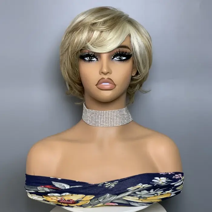 Perruque en cheveux humains ondulés sans lacet F8/60 # Perruque courte de style pixie avec frange,