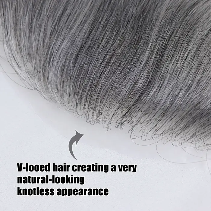 Toupet gris pour hommes postiche humaine 0.06mm peau Ultra mince Style V ligne de cheveux frontale