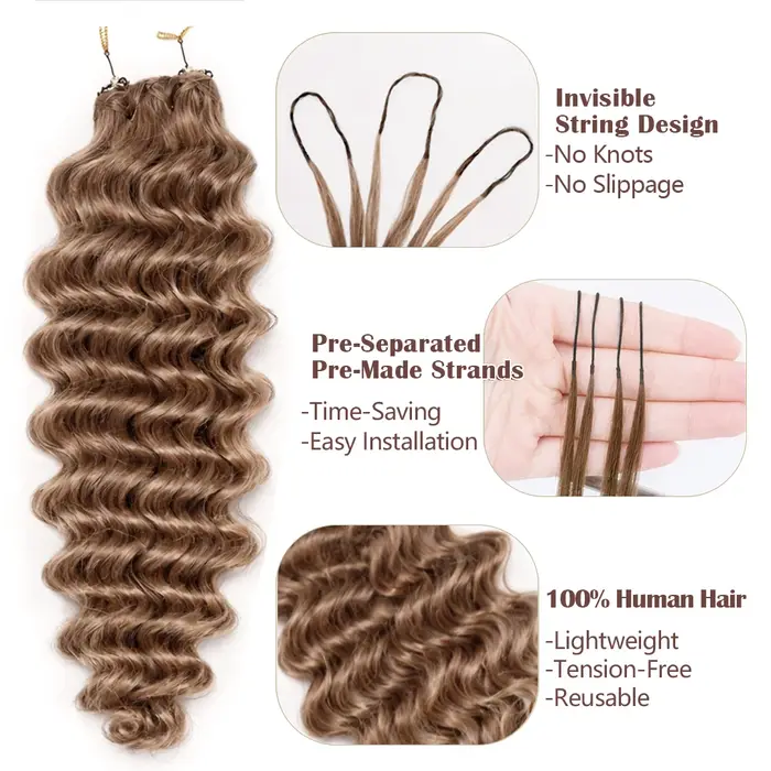 Extensions de cheveux humains au crochet 15A Honey Brown Deep Wave, pré-séparées, cheveux brésiliens