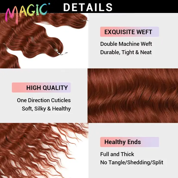 Extensions de cheveux synthétiques ondulés Magic 24 pouces, 3 pièces, rouge cuivre, résistantes à la