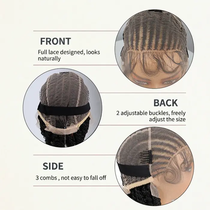 Perruque tressée de 8 pouces, cheveux courts tressés, perruque bob bohème, tresses box braids sans nœuds, tresses cornrows avec pointes bouclées, perruque tressée en dentelle pour femmes