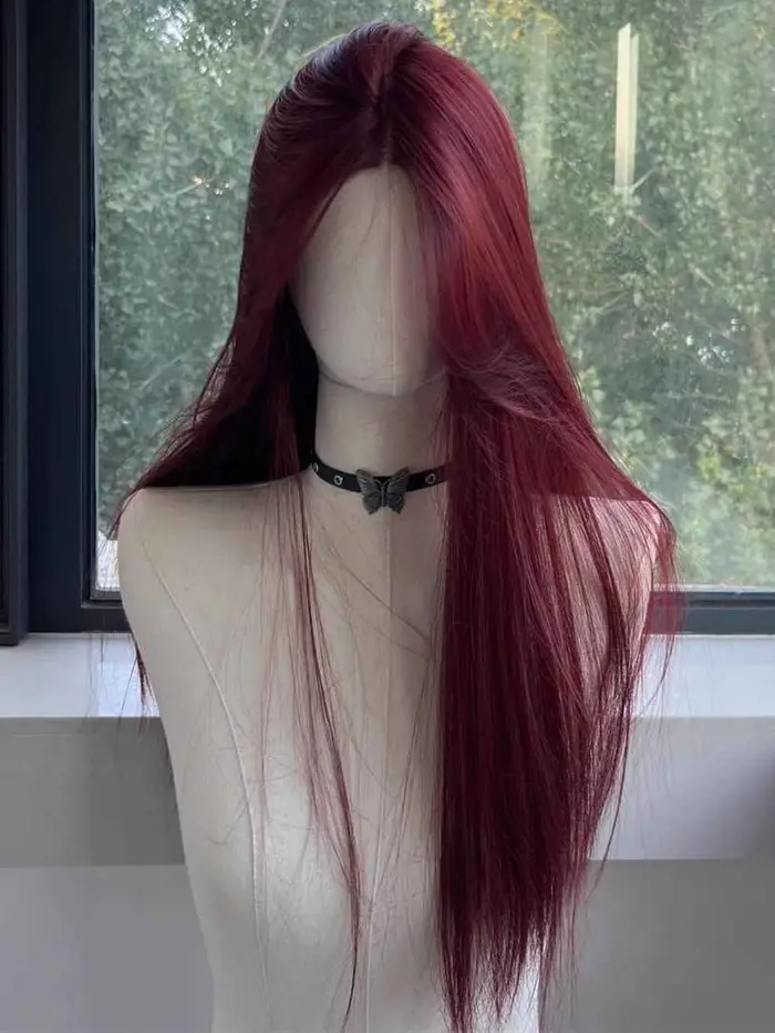 Perruque Lace Front Wig synthétique rouge longue et lisse pour femmes