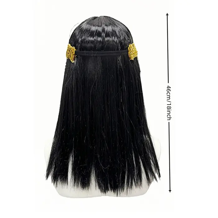 Perruque synthétique noire droite avec perles serpent et pompons