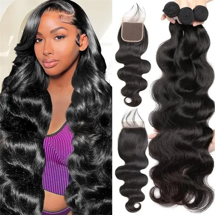 Extensions de cheveux naturels brésiliens ondulés avec closure, tissage de cheveux humains non trait