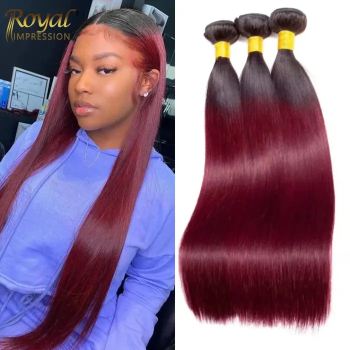 3/4 Bundles avec frontal, ondulations naturelles, mèches bordeaux # Extensions de cheveux humains 99