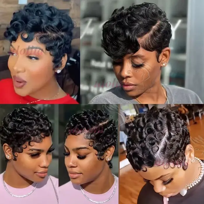 Perruques Courtes pour Femmes Noires Cheveux Humains Bourgogne 99J Chic Sans Colle Ondulées Coupe Pixie Perruque
