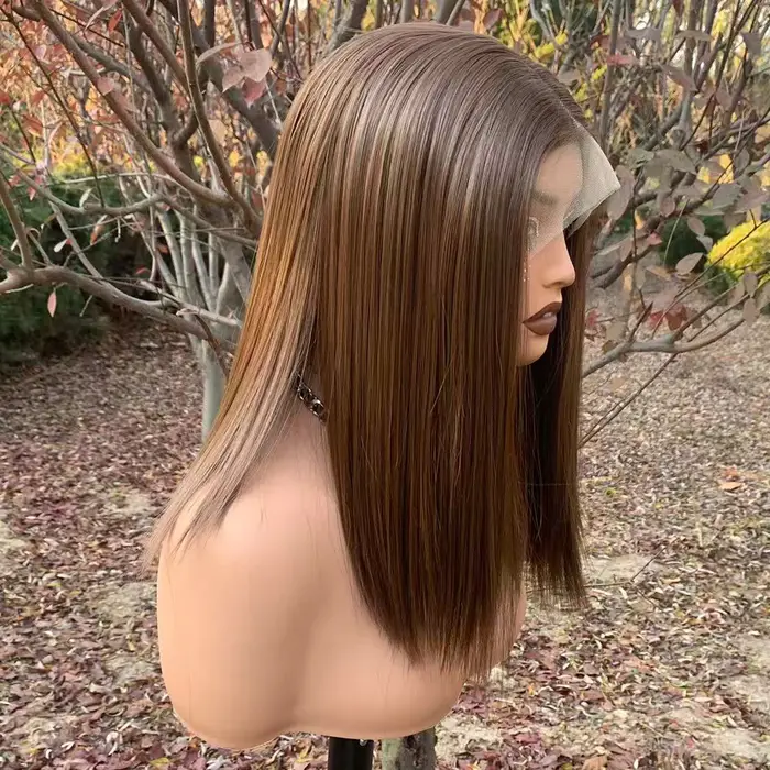 Perruque Bob Lace Front Wig synthétique sans colle marron clair 13x4