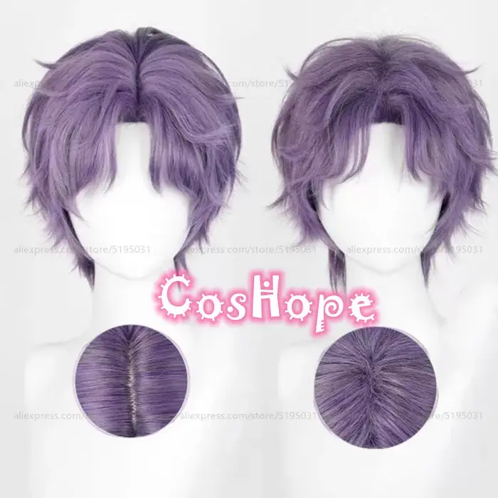 Rafayel Cosplay perruque 30 cm courte violet gris